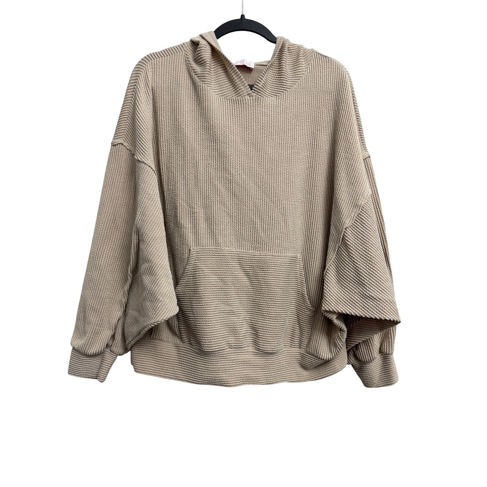 Pink Lily Tan Beige Waffle Knit Batwing Sleeve Hoodie Sweatshirt Large‎
